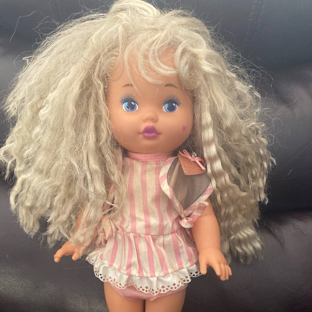Vintage 1980s Mattel Little Miss Makeup Baby Doll Heart Cheek Clean Stripe Dress